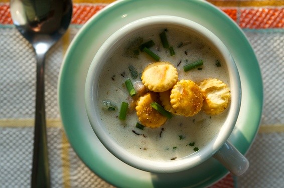 New England clam chowder with Old Bay oyster crackers