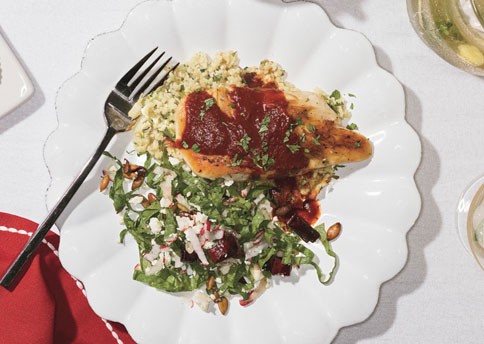 New Mexico chile-glazed chicken on hominy polenta