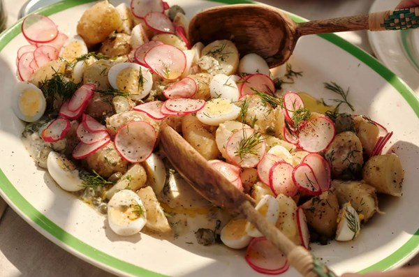 New potato & quail egg salad with pickled radishes