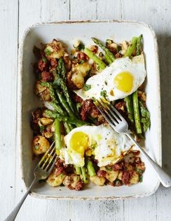 New potato and chorizo hash with asparagus and egg