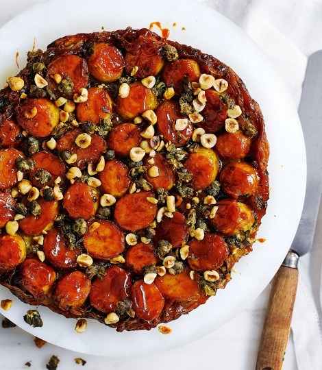 New potato and onion tarte Tatin with crispy capers and hazelnuts