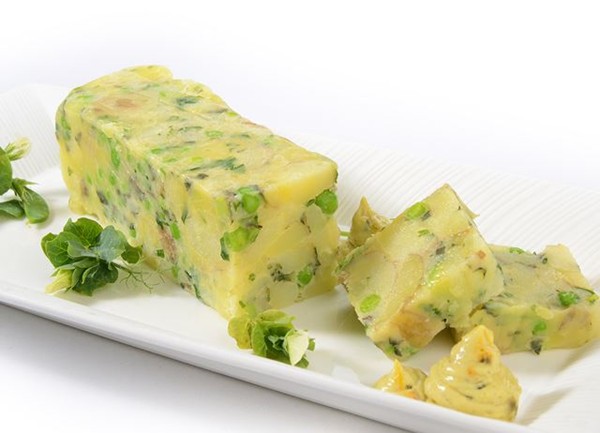 New potato and pea presse with herb dressing