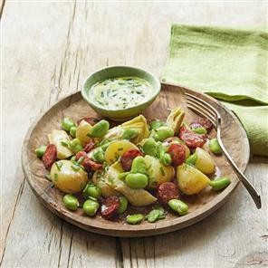 New potato, artichoke, broad bean and chorizo salad