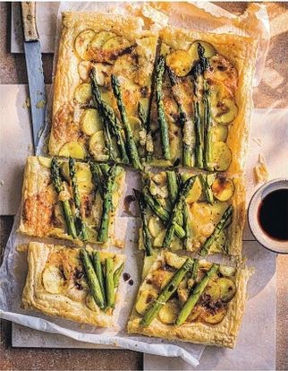 New potato, asparagus & Taleggio tart