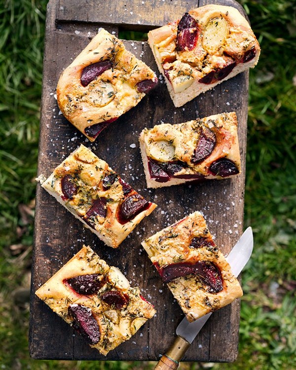 New potato, blue cheese, beetroot and thyme focaccia 