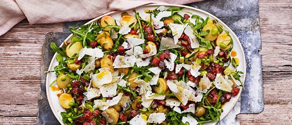 New potato, broad bean and chorizo salad