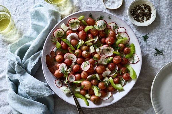 New potato salad with crispy radishes, fennel & celery