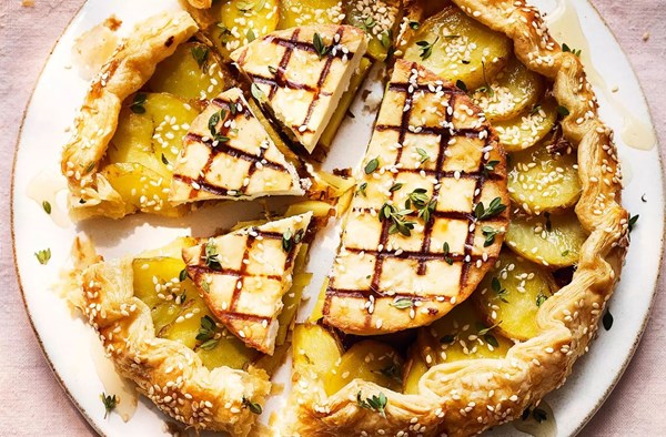 New potato, shallot & manouri tart
