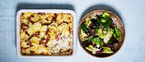 New potato tartiflette with cornichon salad