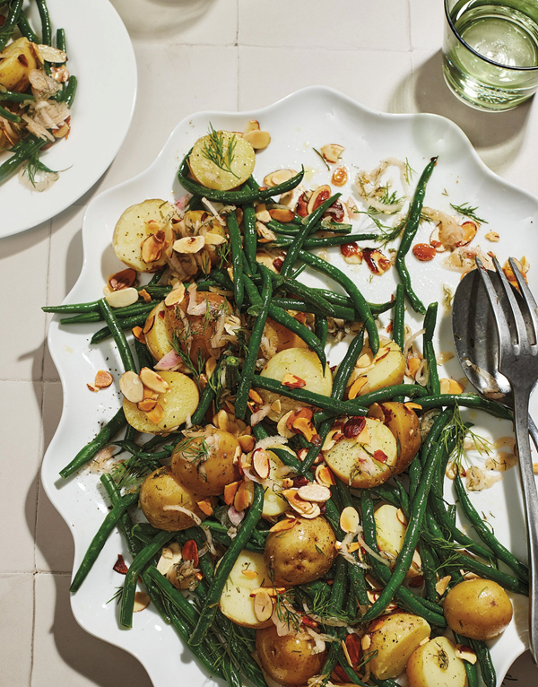 New potatoes and green beans with honey-pickled shallots