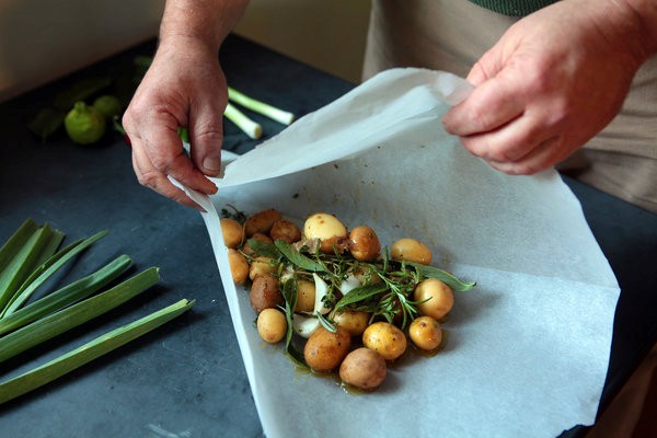 New potatoes baked in parchment