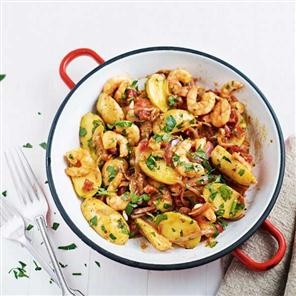 New potatoes, king prawns and chorizo with tomato and chilli