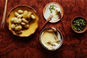 New potatoes, Mont d'Or and cornichon salsa