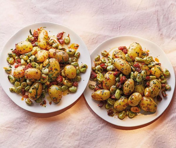 New potatoes with chorizo & broad beans