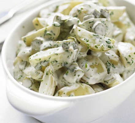 New potatoes with cornichons and cream