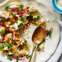 New potatoes with lemon cashew aioli and pickled red onions