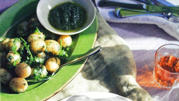 New potatoes with mint pistou and wilted dandelion