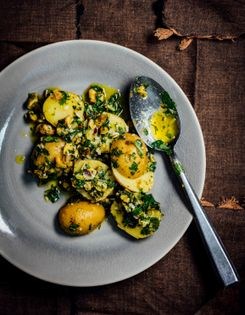 New potatoes with mustard oil herb salsa