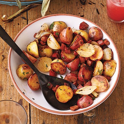 New potatoes with onions and spicy sausage