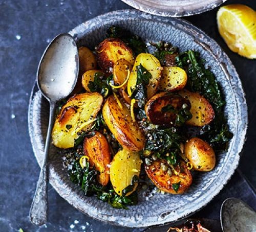 New potatoes with spinach & capers