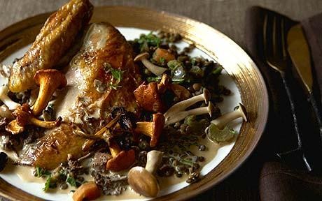 New Year's Eve dinner: roast guinea fowl with wild-mushroom sauce and Puy lentils