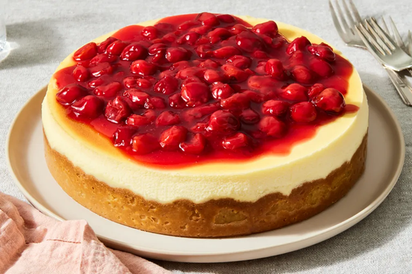 New York cheesecake with sour cherry topping