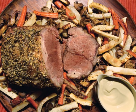 New York strip and fall vegetable roast with mustard cream sauce