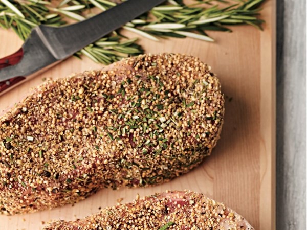 New York strip loin with mustard, coriander, and rosemary crust