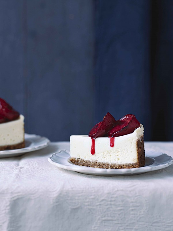 New York-style cheesecake with roasted plums