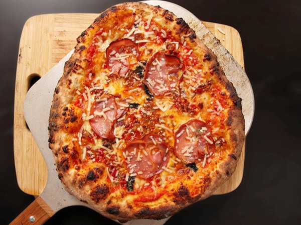 New York-style pizza with bacon-cherry pepper relish and coppa