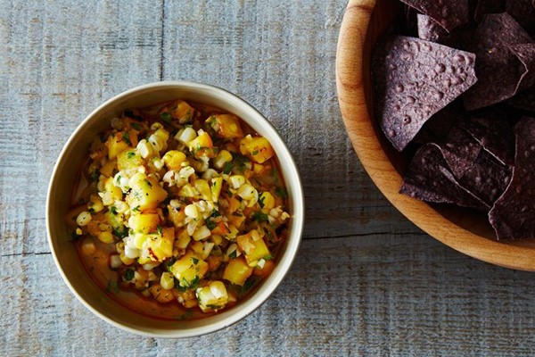 Next day grilled corn, pineapple, and peach salsa