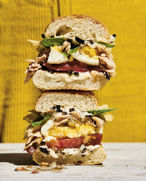 Niçoise sando with smashed egg & black olive mayo