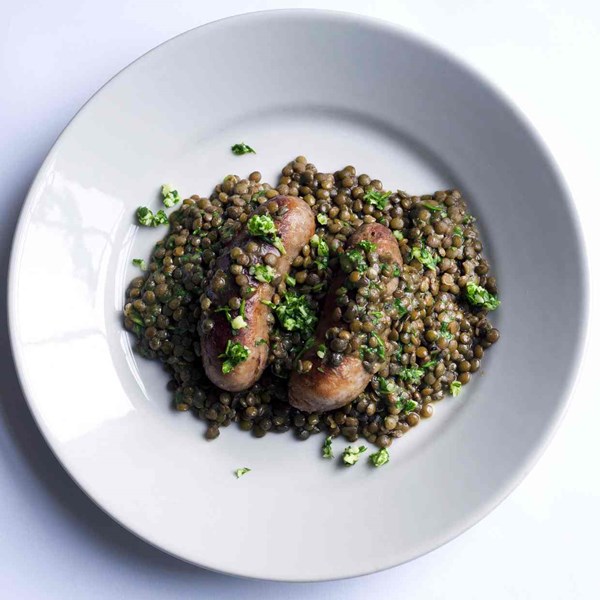 Nigel Slater’s lentils, sausages, rocket and pecorino 