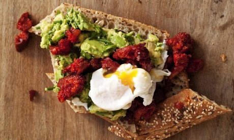 Nigel Slater's poached eggs with chorizo and avocado
