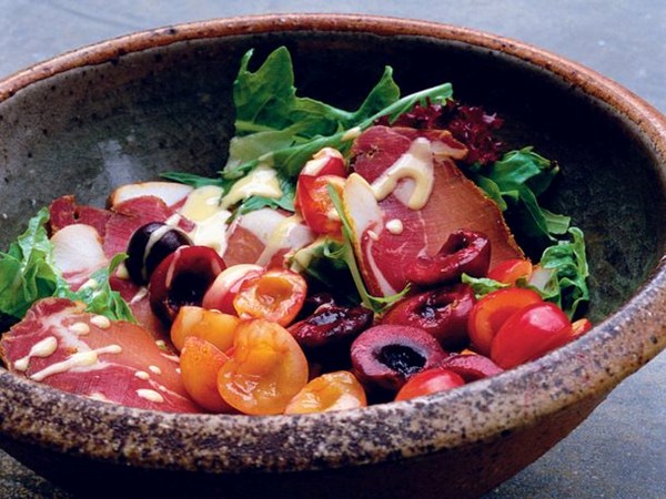 Nigel Slater's salad of summer leaves, cured pork, and cherries (Cook the Book)