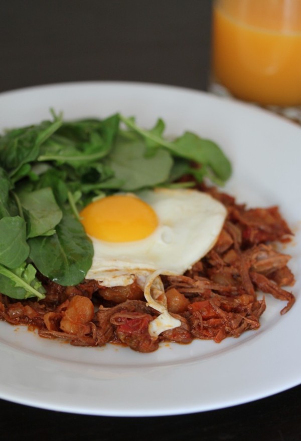 Niman Ranch brisket with fried eggs and arugula