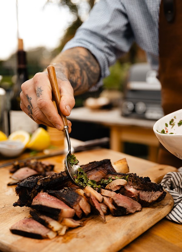 Ninja Woodfire Electric BBQ Grill and Smoker aged tomahawk [chimichurri sauce]
