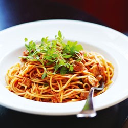 Nino Zoccali's spaghetti with braised chicken, tomato and rosemary sauce