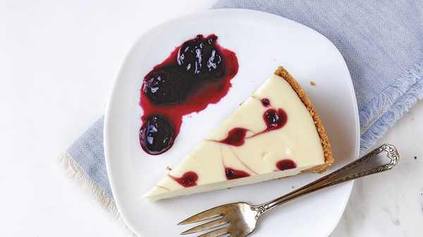 No-bake almond cheesecake with cherry-kirsch compote