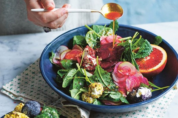 No-bake beet salad with rainbow labneh balls