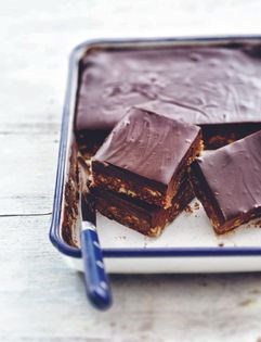 No-bake fig, date and pecan traybake with chocolate and coffee ganache