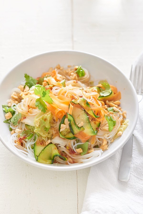 No-chop cold veggie noodle bowls with soy lime vinaigrette