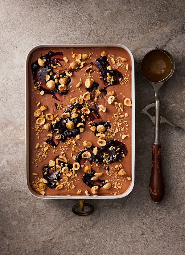 No-churn extra-rich chocolate, Frangelico and boysenberry ice cream 