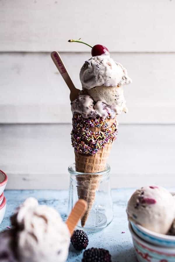 No churn ice cream 5 ways: bourbon cherry and cacao nib / blackberry lavender / sea salt, honey and dark chocolate chunk / espresso chip / malted vanilla and peanut butter cup