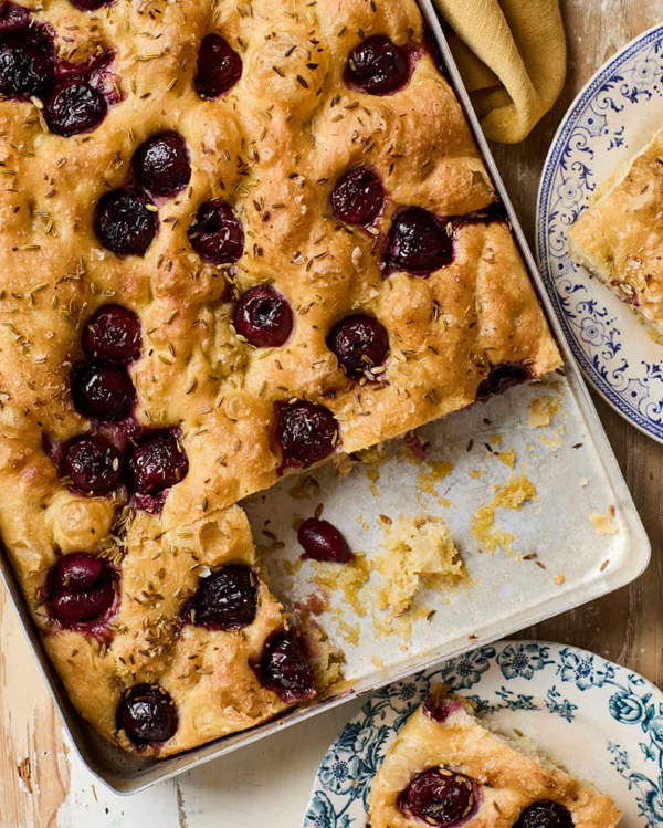No-knead cherry and fennel seed focaccia