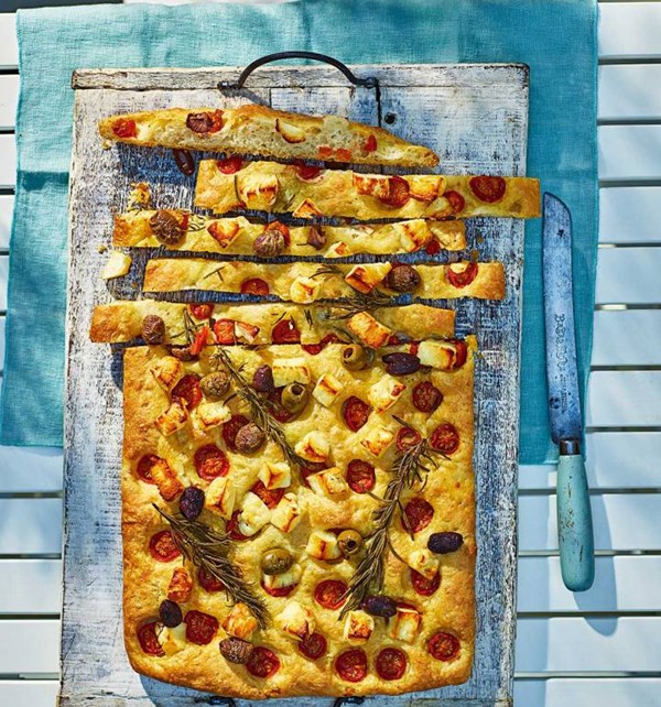 No-knead focaccia with halloumi