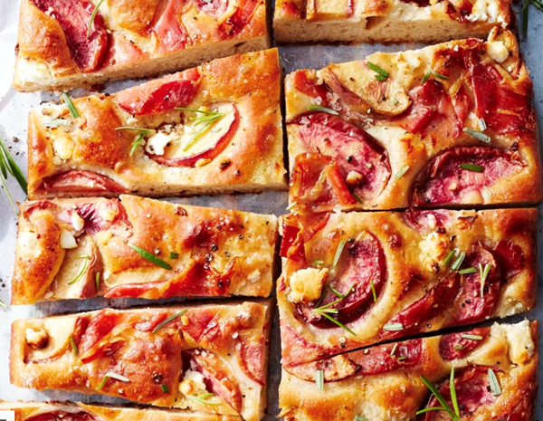 No-knead focaccia with peaches & prosciutto