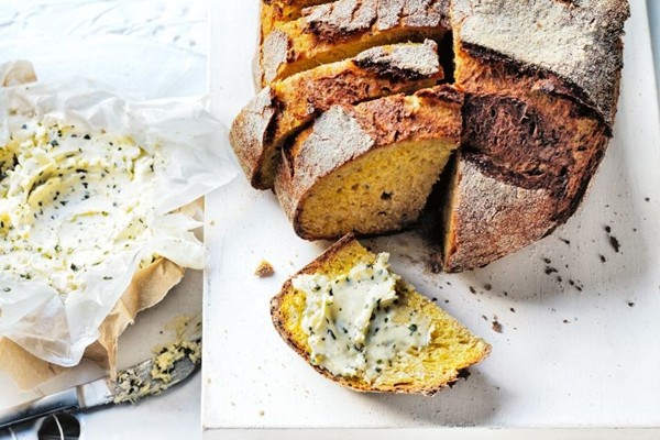 No-knead spelt & pumpkin bread with tarragon butter