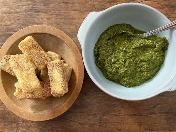 No-salt crunchy tofu sticks with chimichurri 