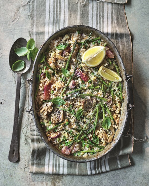 No-stir baked risotto with radishes, asparagus and artichokes